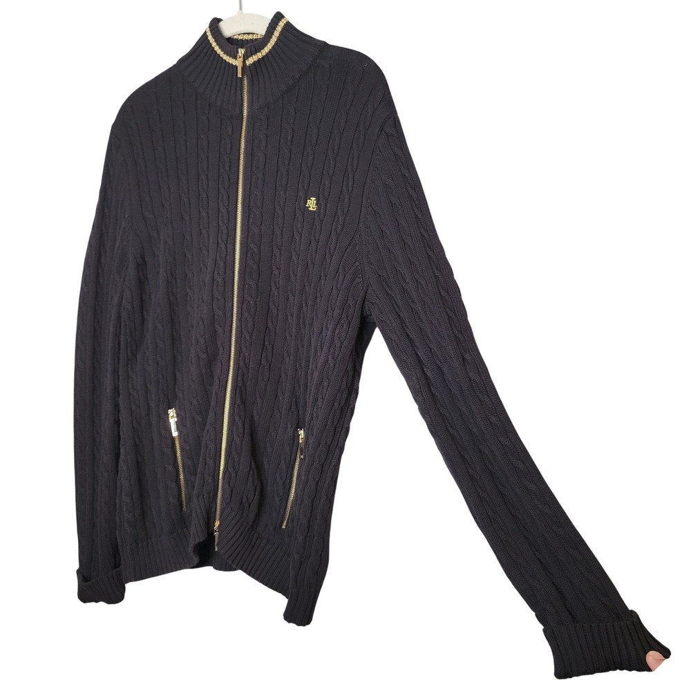 Ralph Lauren Sweater Women's Size L Black Gold Cable Knit Zip Up Cardigan Preppy